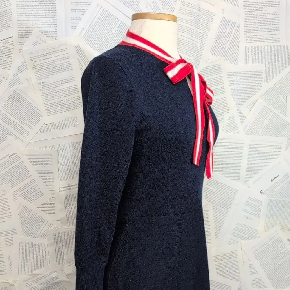 J Crew Naval Style Navy Dress with Red and White Bow Accent Size Small